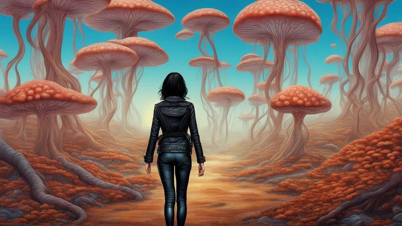 woman with black hair, in leather trousers and jacket, walking through Alien mushrooms with jellyfish tentacles in an alien forest, photorealistic, Deep Colour, Intricate Detail, sunshine, blue sky