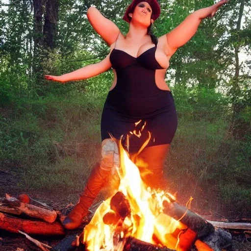 a busty voluptuous female folk hero dancing by a bonfire