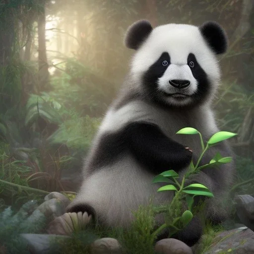 pixar art style of a super cute baby panda in natural environment, vivid color, full body, by mobeius, au naturel, hyper detailed, digital art, trending on artstation, cinematic lighting, studio quality, smooth render, unreal engine, octane render, art style by klimt and nixeu and ian sprigger and wlop and krenz cushart