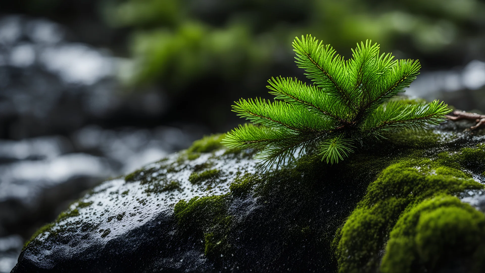 Close up of a fir tree branch on a wet rock,moss,high details,dark place