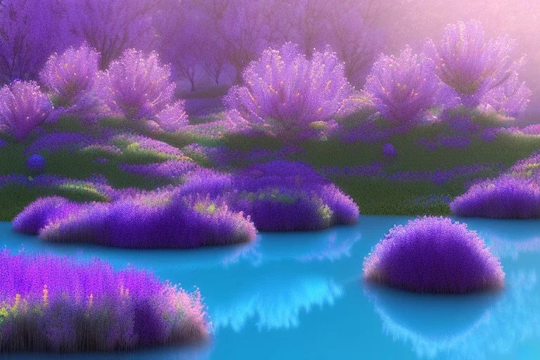 monde en fleurs bleu pink,blue lake, concept art, crépuscule , trees bleu pink violet oranger, vibrant Color, réaliste, crocus