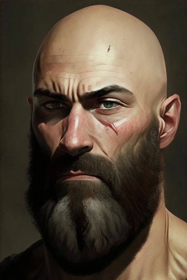 Portrait of a bald man, muscled, with quite-long brown beard, a black bandage on his left eye,