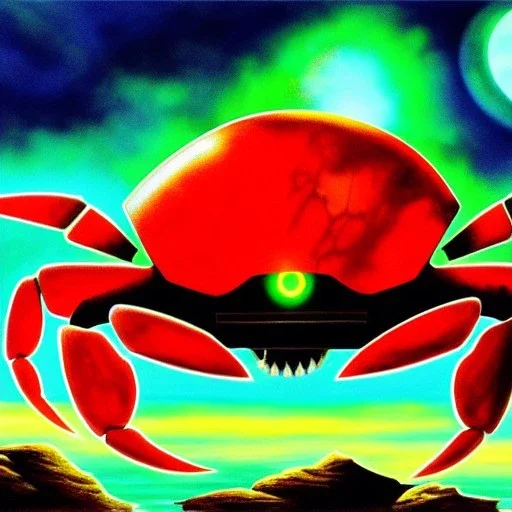 ultra detailed fullbody Drawing of a Cyborg Gigantic red Crab on the shore ,metal body, open mouth, with sharp teeth, with glowing Green eyes, extremely detailed digital painting, intrincate, extremely detailed face,crystal clear Big eyes, in the style of Frank Frazetta, mystical colors , perfectly centered image, perfect composition, rim light, beautiful lighting, 8k, stunning scene, raytracing