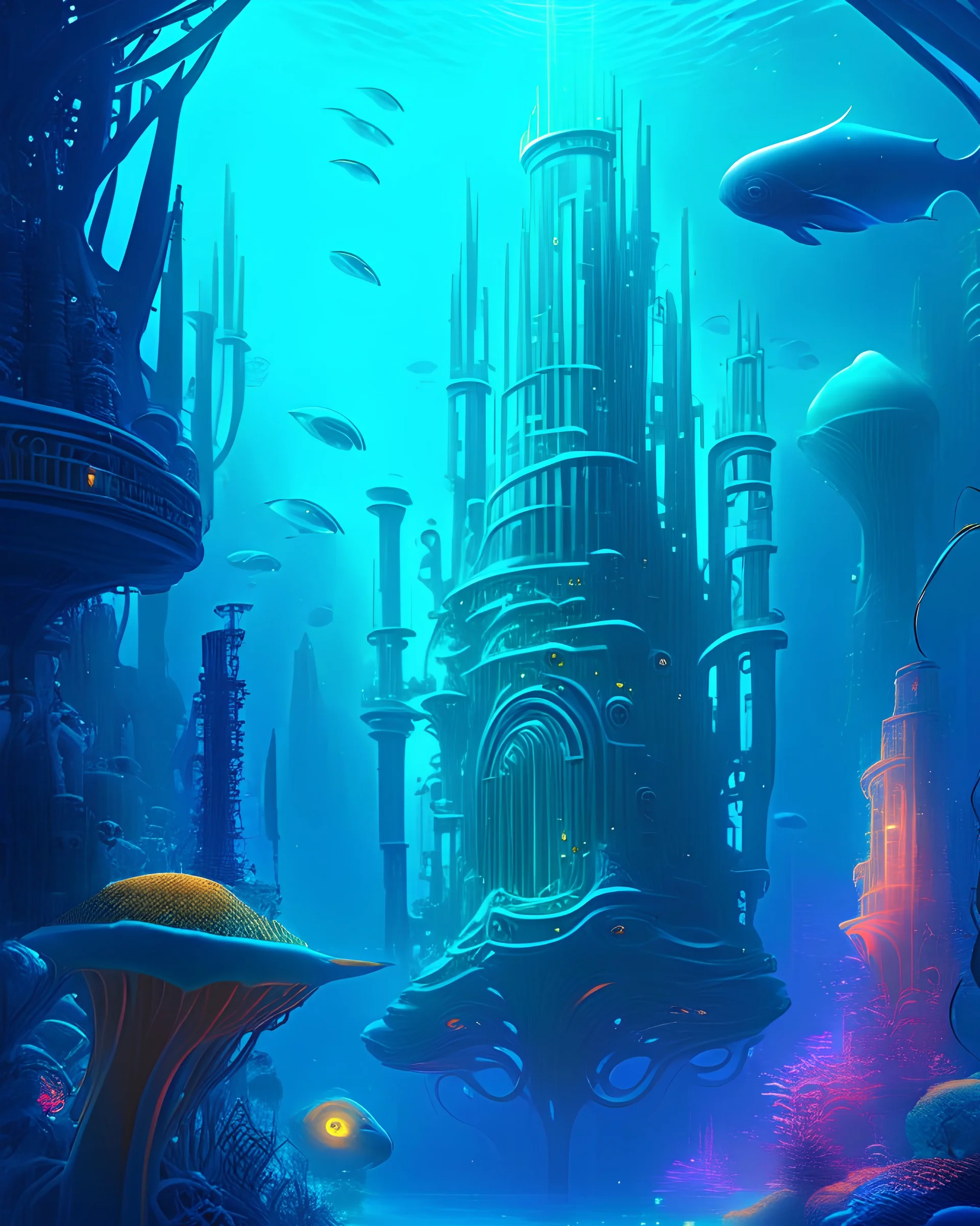 An underwater city with futuristic architecture, bioluminescent sea creatures, and advanced technology, in the style of science fiction, vibrant colors, detailed environments, mysterious ambiance, 8K resolution