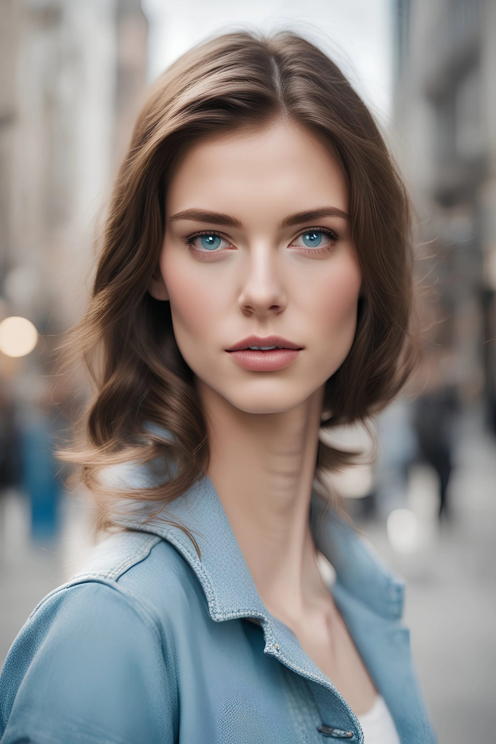 A stylish young woman with dark brown hair and light blue eyes standing in a city.