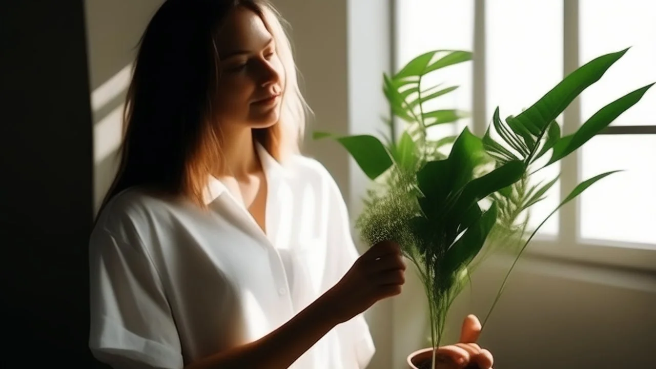 Woman holding a plant in the sunshine, interior, white shirt, instagram.