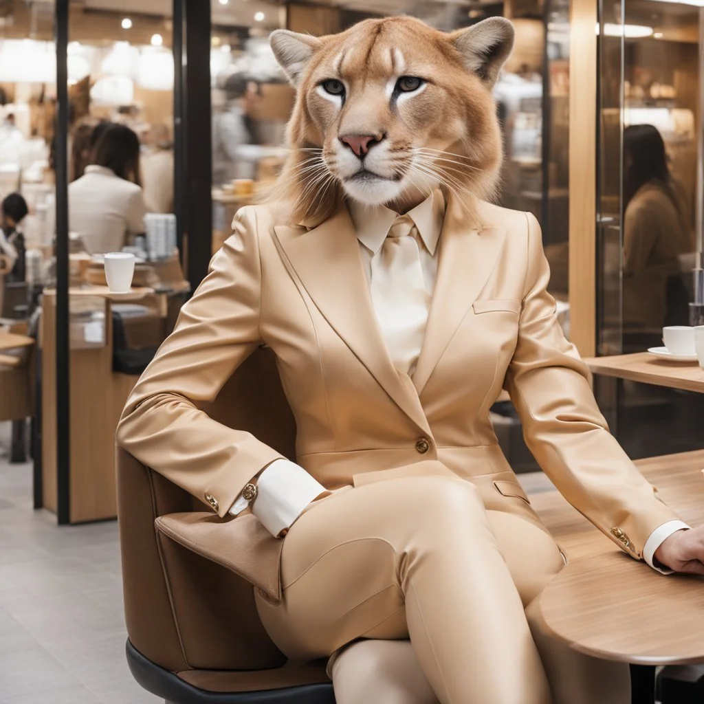 [cougar head] At a coffee shop in a shopping district. A Japanese actress tries on a cougar suit, she has a wild cougar head. The actress in a cougar suit with a cougar head and a female staff member sit inside and drink coffee. The actress's limbs are realistic, and the material is beige Lycra. View from the side.