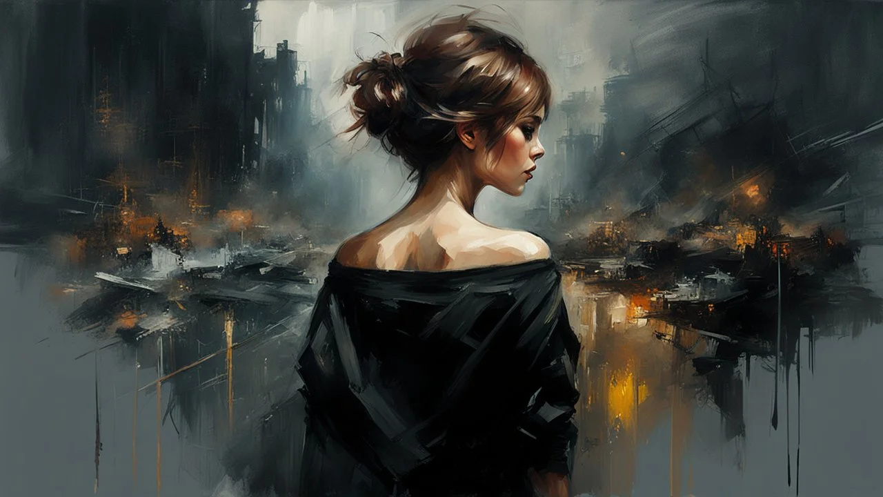 russian woman 26yo with short brown hair, wearing a black shirt with long sleeves and tactical pants :: dark mysterious esoteric atmosphere :: digital matt painting with rough paint strokes by Jeremy Mann Carne Griffiths Leonid Afremov, black canvas