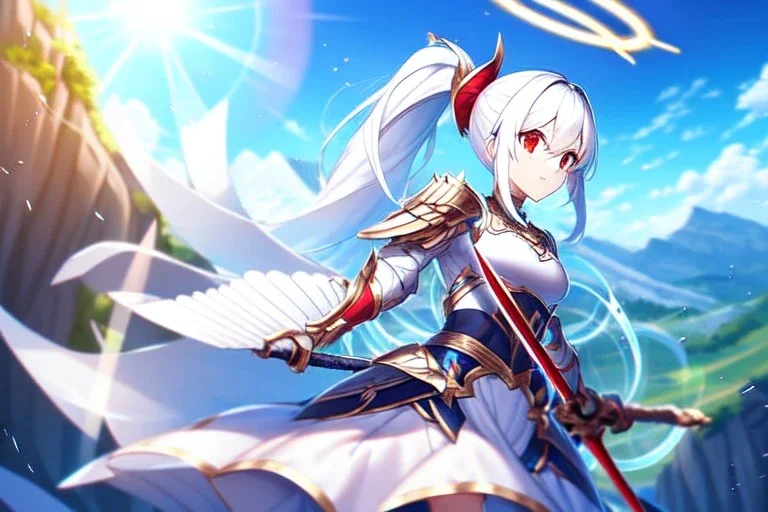 girl, masterpiece, best quality, volumetric lighting, detailed outfit, perfect eyes, long hair, white hair, red eyes, ponytail, armored dress, dynamic pose, halo, white wings, holding sword, landscape, fisheye, lens flare abuse,