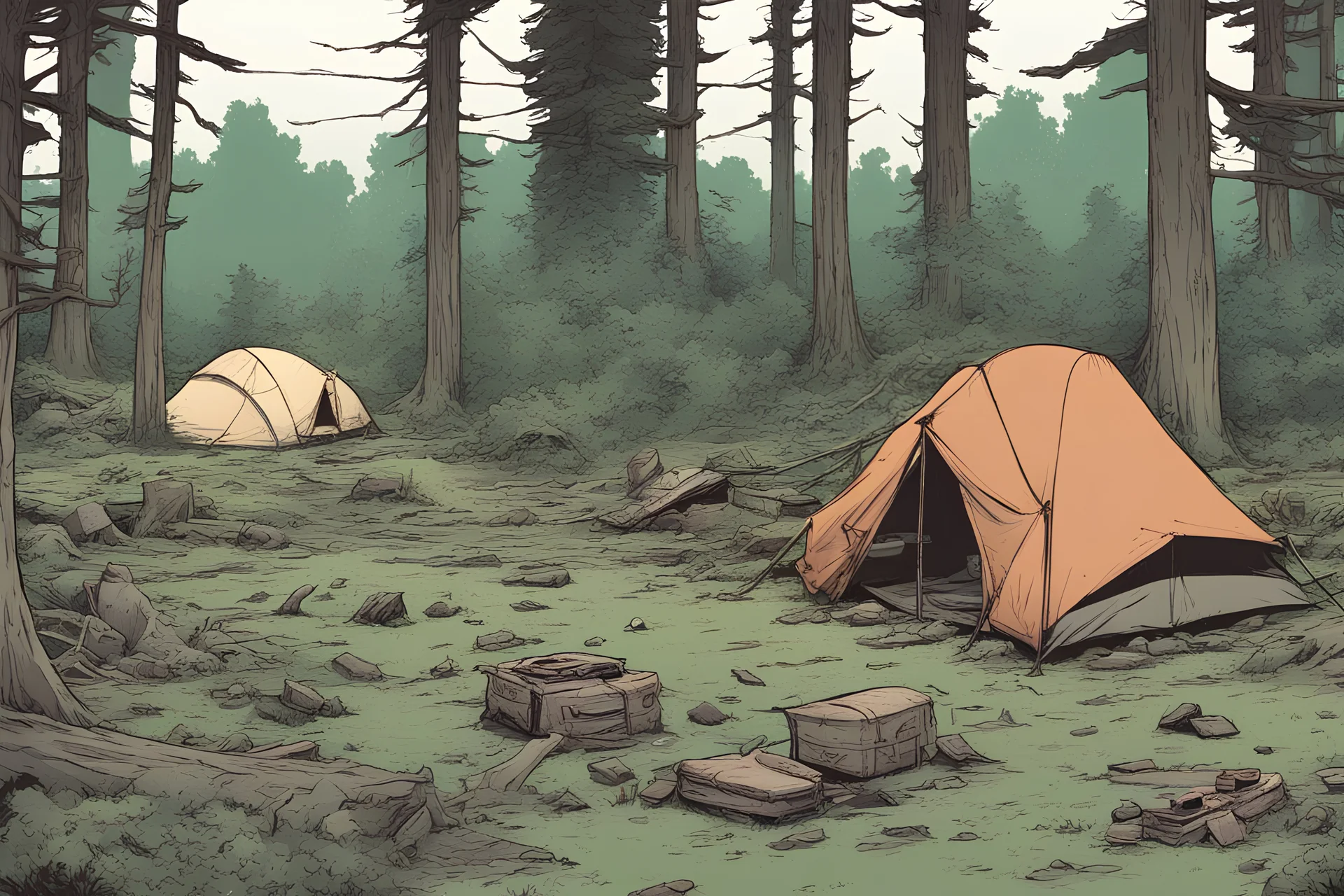 campsite, tents, overgrown, post-apocalyptic, comic book, forest