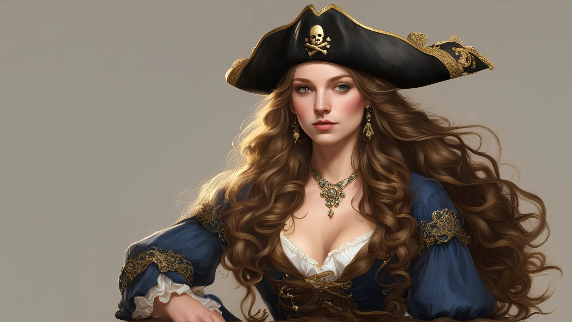 (1woman), (medium full shot), (sitting:1.1), (pirate 19 century:1.1), british, long wavy hair, smooth soft skin, trending on artstation, sharp focus, studio photo, intricate details, highly detailed, by greg rutkowski, trending on artstation, sharp focus, studio photo, intricate details, highly detailed, (pirate ship) in the background