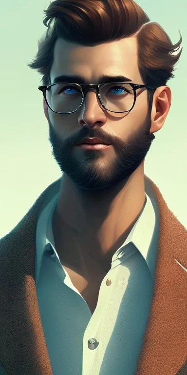 boy, young, glasses, beard, brown hair, brown eyes, medium hair, bangs side part, head and shoulders portrait, head and shoulders portrait, 8k resolution concept art portrait by Greg Rutkowski,