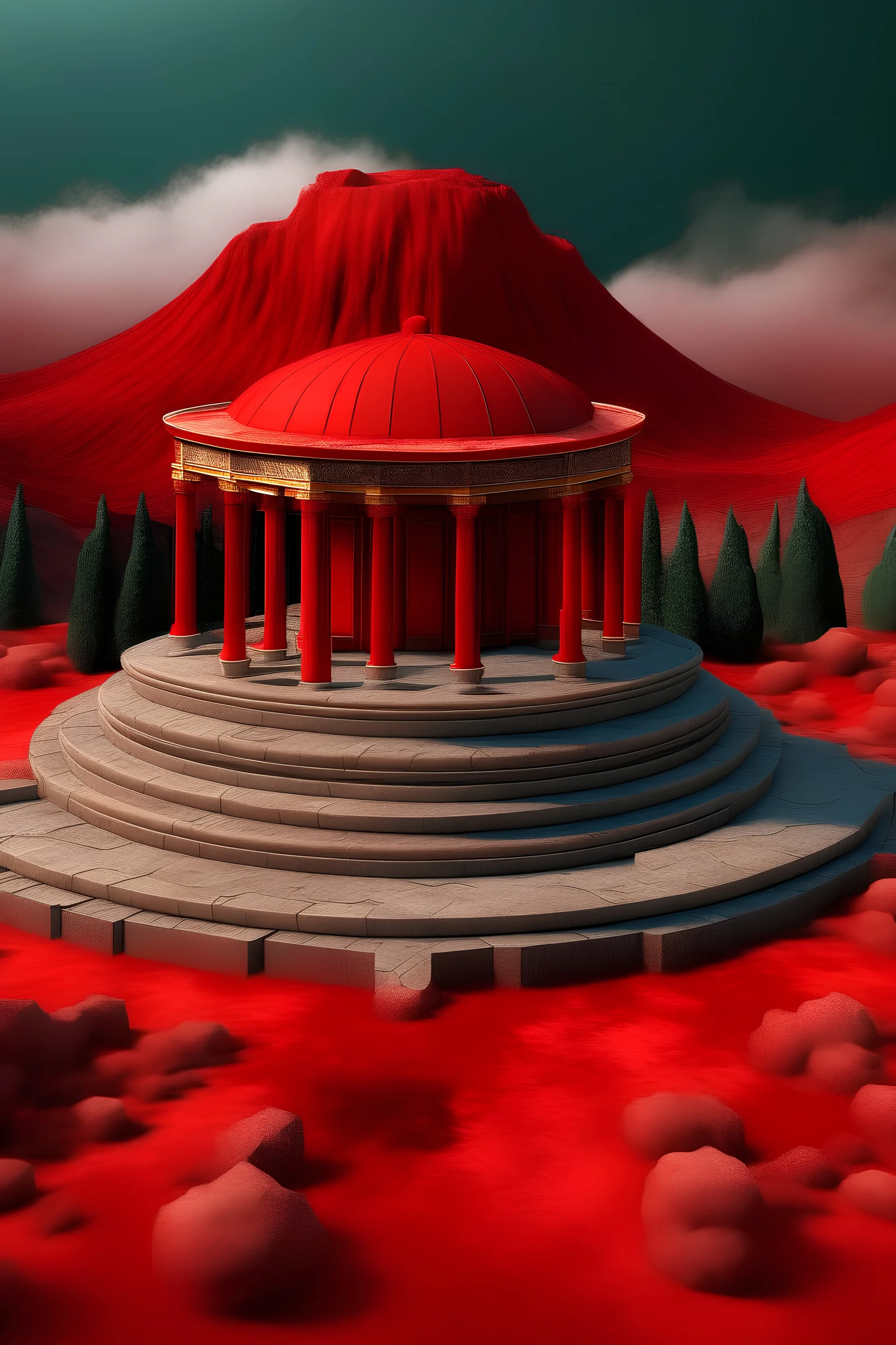 Realistic Red tempel in greek style on the bottom of an volcano