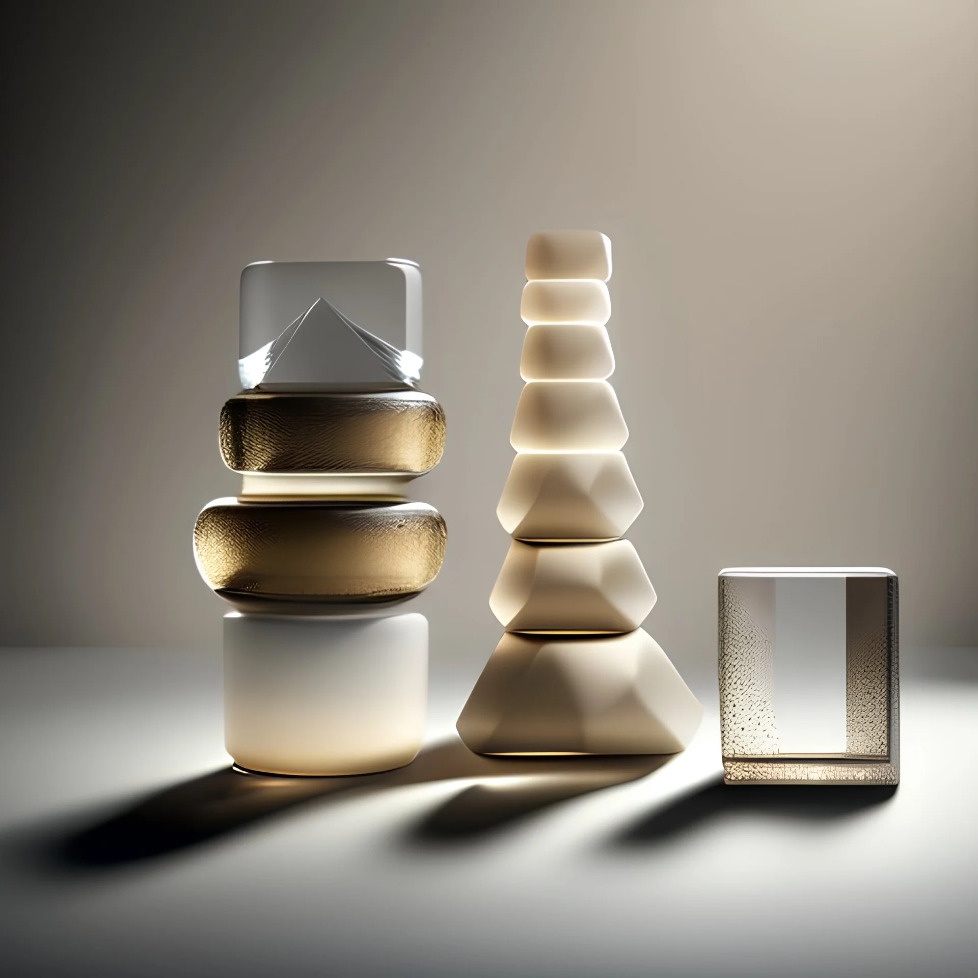 studio photography of a set of highly detailed irregular non-existent glass products, stacked in impossible balance, perfect composition, film studio light, beige color scheme, indirect lighting, 8k, elegant and luxurious style