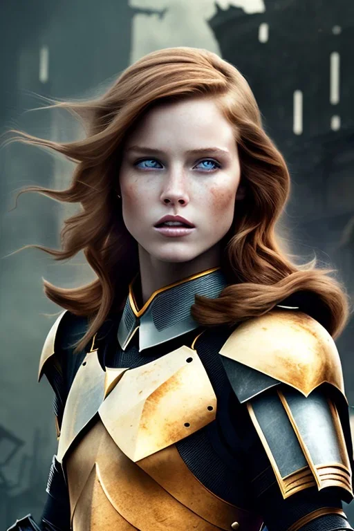 ultrarealistic, ruined city,__skimpy fantasy armor__, no star, __angles__, 18 year old woman, strikingly beautiful,ginger hair, _colour_, [__starlets__|__starlets__], (pale __skincolor__ skin:1.2), __camera__, _hair_, detailed face and eyes, medium breasts, fantasy theme, freckles, dynamic pose, resolved expression, __accessory__, strappy outfit, (straps:1.1), sword in scabbard on left hip, (buckles, buttons, snaps, rings:1.0), haltertop style breastplate, detailed eyes, plump lips