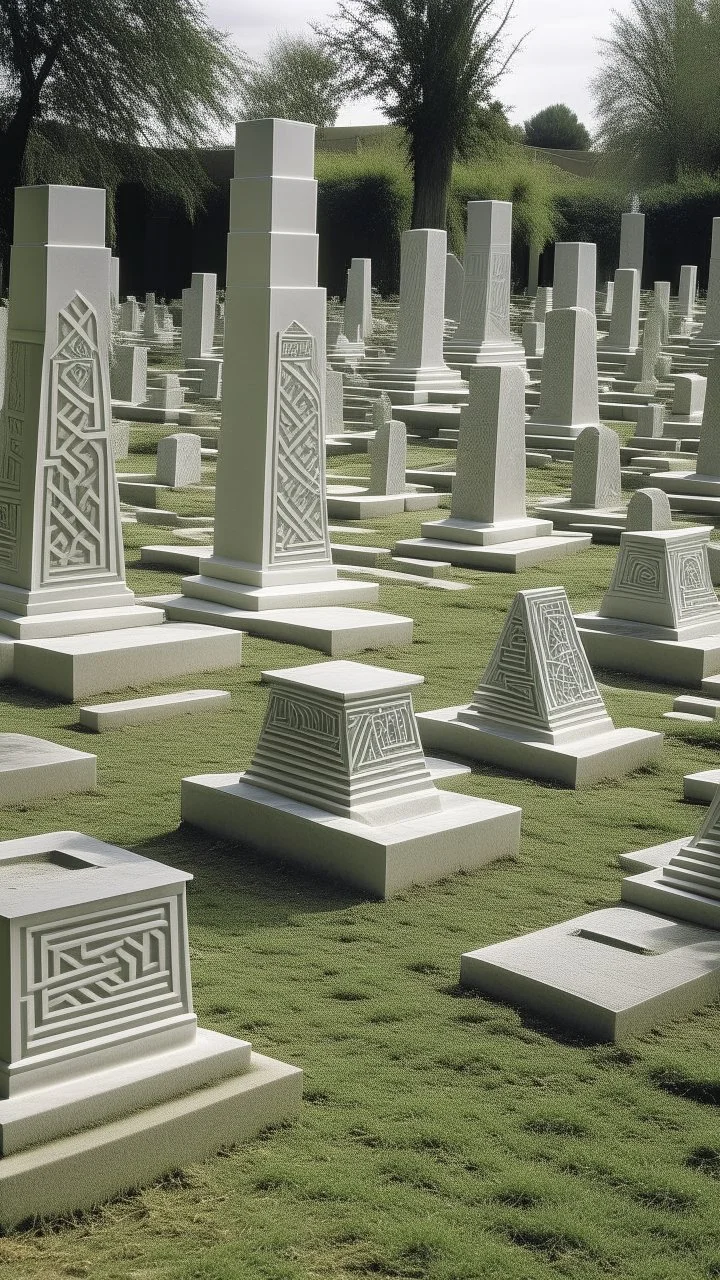 A light gray graveyard with a citadel designed in native American petroglyphs painted by Victor Vasarely
