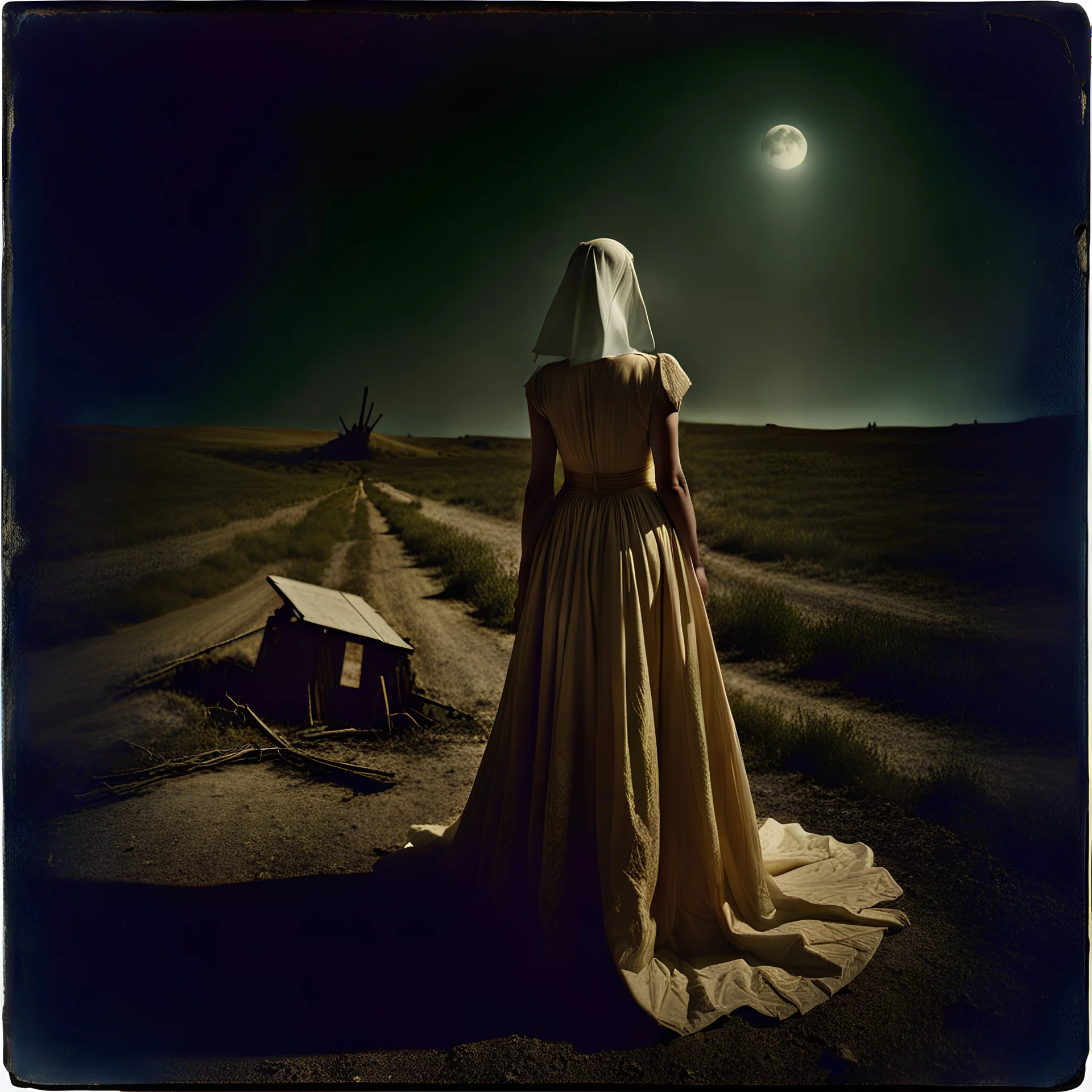 Photorealistic polaroid nothingness and distressing anguish old wooden figure wasteland night Max Ernst Hieronymus Bosch, volumetric light, shot on Hasselblad, movie shot, details of the dress accentuated, nightmare, hypermaximalist