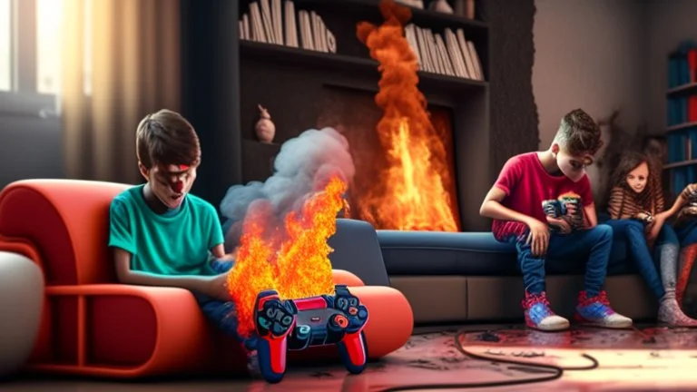 kids play Playstation 4 in a House on fire