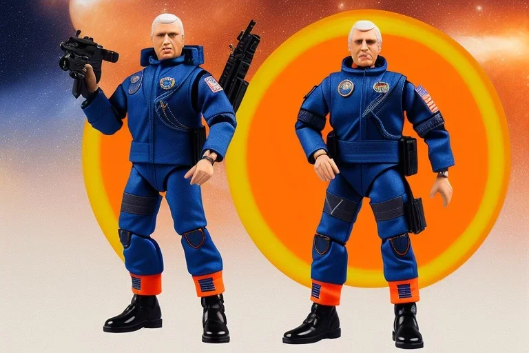 Mike Pence G.I. Joe toy figure With a pistol And jetpack space force Blue fabric uniform, fluorescent orange, black Moonboots, pricetag