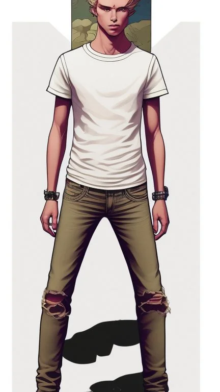 Teen man, blond hair, perfect face, style of tomer hanuka, jeans, white, t-shirt, pompadour