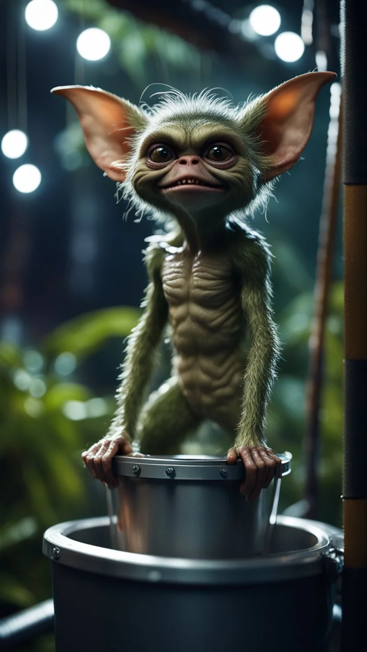 close up portrait of a gremlin with arm hair standing on a seal in a bucket ski lift in dark lit reflective wet jungle metallic hall dome hotel tunnel, in the style of a game,bokeh like f/0.8, tilt-shift lens 8k, high detail, smooth render, down-light, unreal engine, prize winning