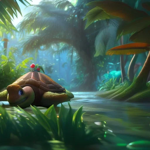 Cute turtle, league of legends, in the jungle, full detail, intricate detail, cinematic, 8 k, cel shaded, unreal engine, featured on artstation, pixiv, cartoon style