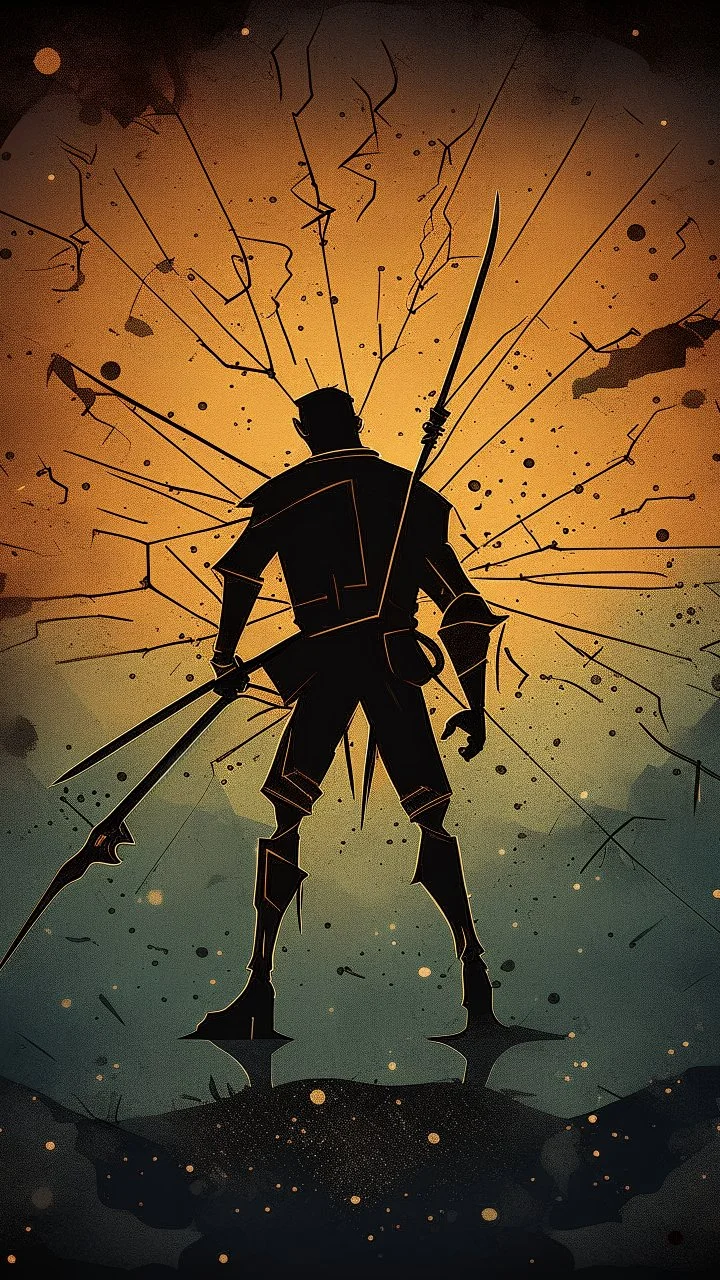 A poster made out of old leather cover and cracks , Bosch painting style, a shadow of creature with spear in hand looking up to the stars