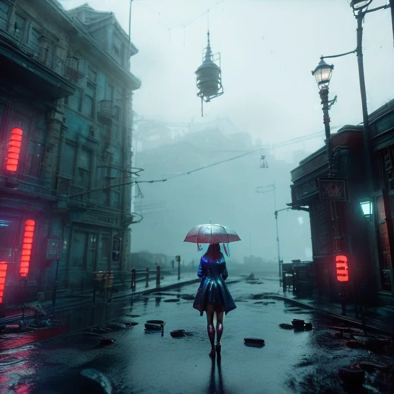 short medium shot, Pretty ciborg woman, portrait, rain, fog, white and gold dress, studio scene, blue light, red lights, hoodie, feathers, cyberpunk geisha style, leather, vibrant color, highly detailed, art stations, concept art, smooth, unreal engine 5, god rays, ray tracing, RTX, lumen lighting, ultra detail, volumetric lighting, 3d, finely drawn, high definition, high resolution, neon background.