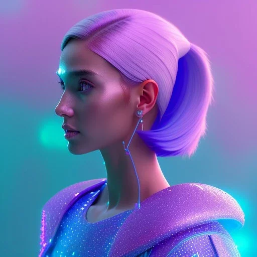 A portrait of a crystalised girl,smiling, longs hairs, atmospheric, realistic, cinematic lighting, octane render, pink turquoise light, purple and blue sky