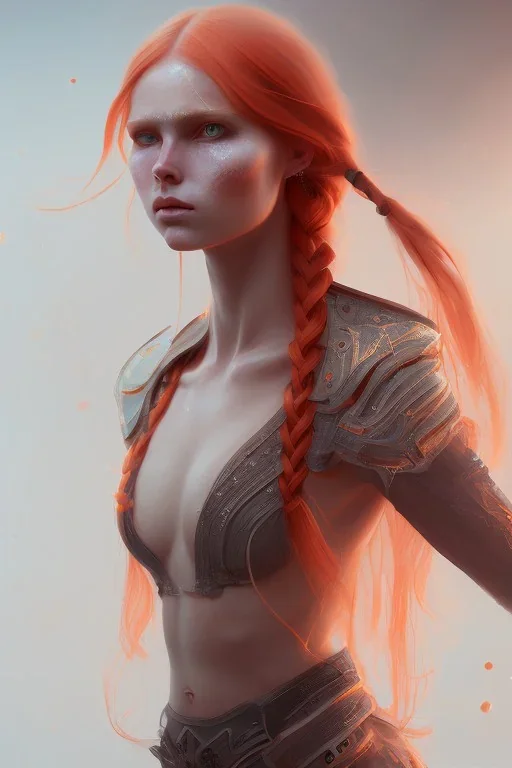 Woman, corpo intero, beautiful, orange hair, two braids, bangs, red eyes, big eyes, freckles, long eyelashes, Frozen, 8k resolution concept art by Greg Rutkowski