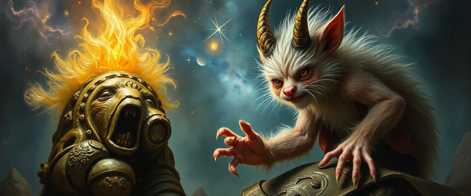 fluff fuzz sponge tube gremlin fox demon in the astral realm, painted by Rembrandt