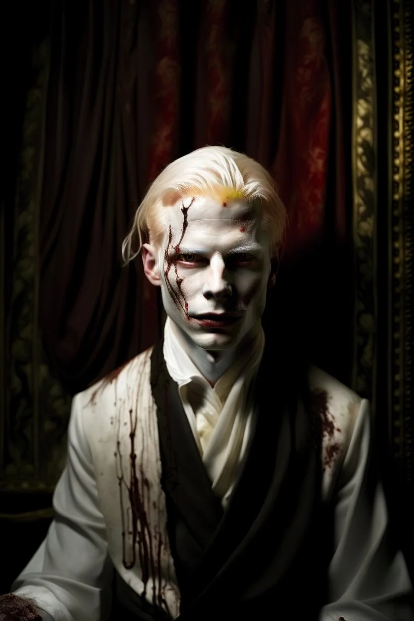 Artistic portrait of an albino vampire portrayed by Kadaj in front of a blood splattered curtain by Annie Leibovitz