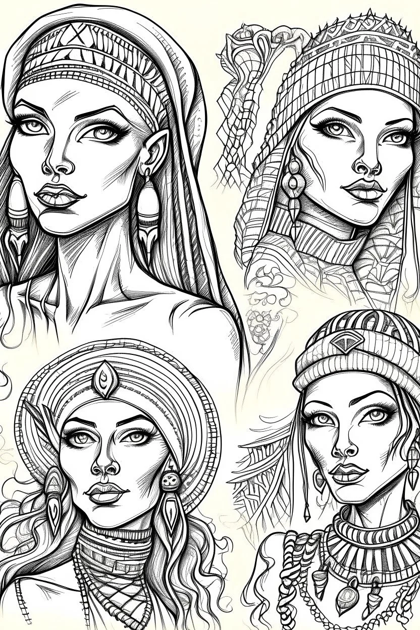 Sketches of drawing a beautiful girl with Egyptian features