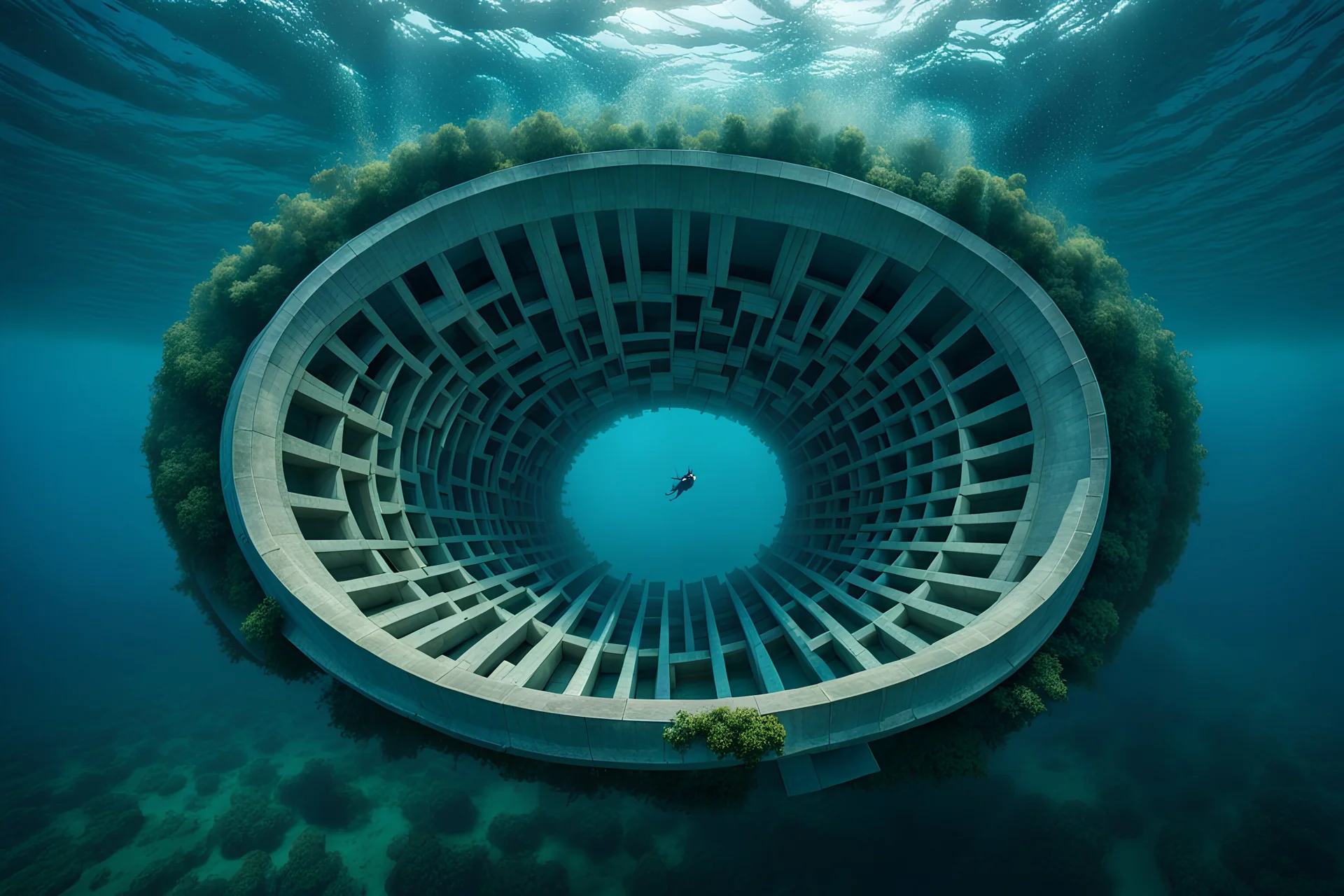 a little underwater building in the shape of a twelve-section torus,sea,grey panel,no green