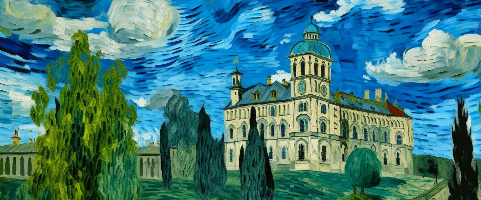 A white cloudy sky with a puffy palace painted by Vincent van Gogh