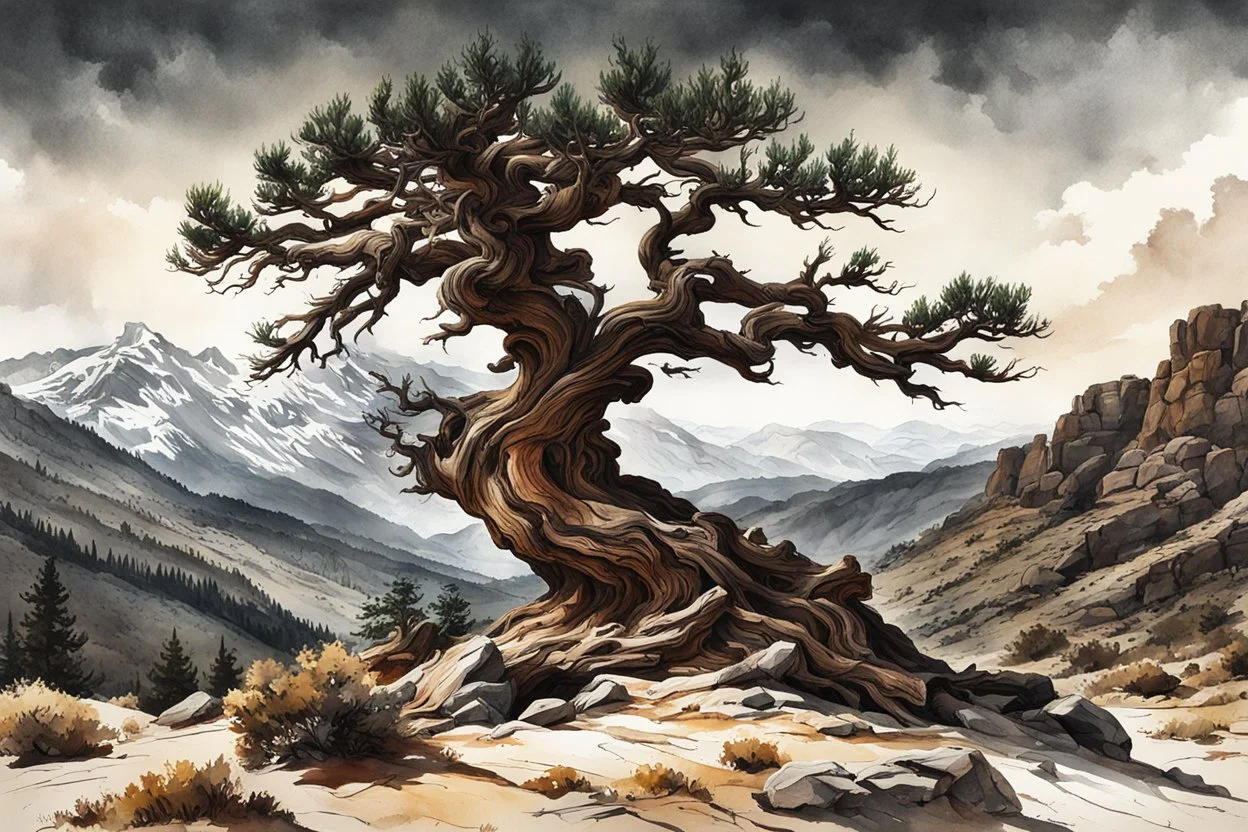 museum quality ink wash and watercolor painting of an ancient, gnarled and twisted, Bristlecone Pine on a remote plateau in the Rocky Mountains in the style of Karl Bodmer, and Winslow Homer, rendered as an aquatint, with a fine art aesthetic, highly detailed , 8k UHD cinegraphic realism