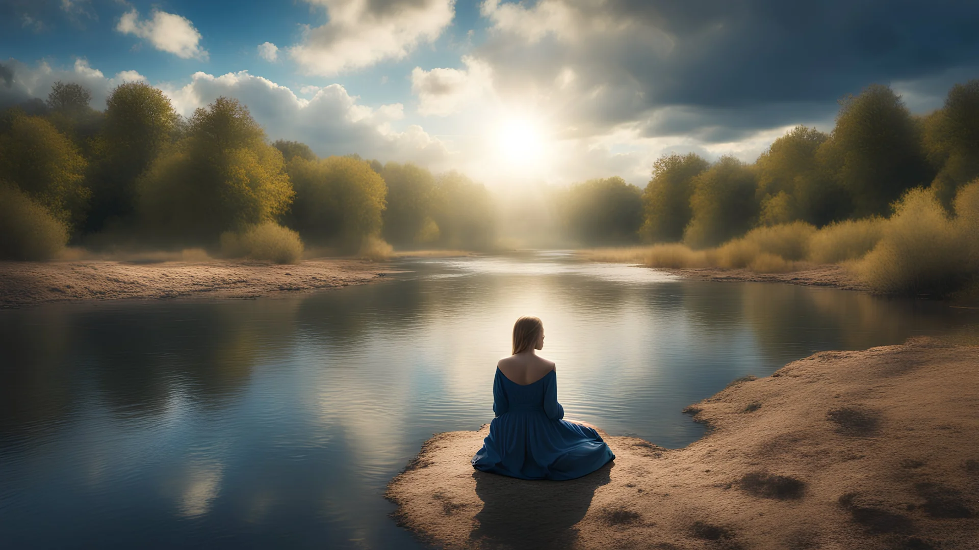 Ultra realistic photo of a woman down by a river and praying. Dramatic lighting. Sky of golden and blue colors. Beautiful sky. River is peaceful. Nature is abundant. Emotion is powerful and spiritual.