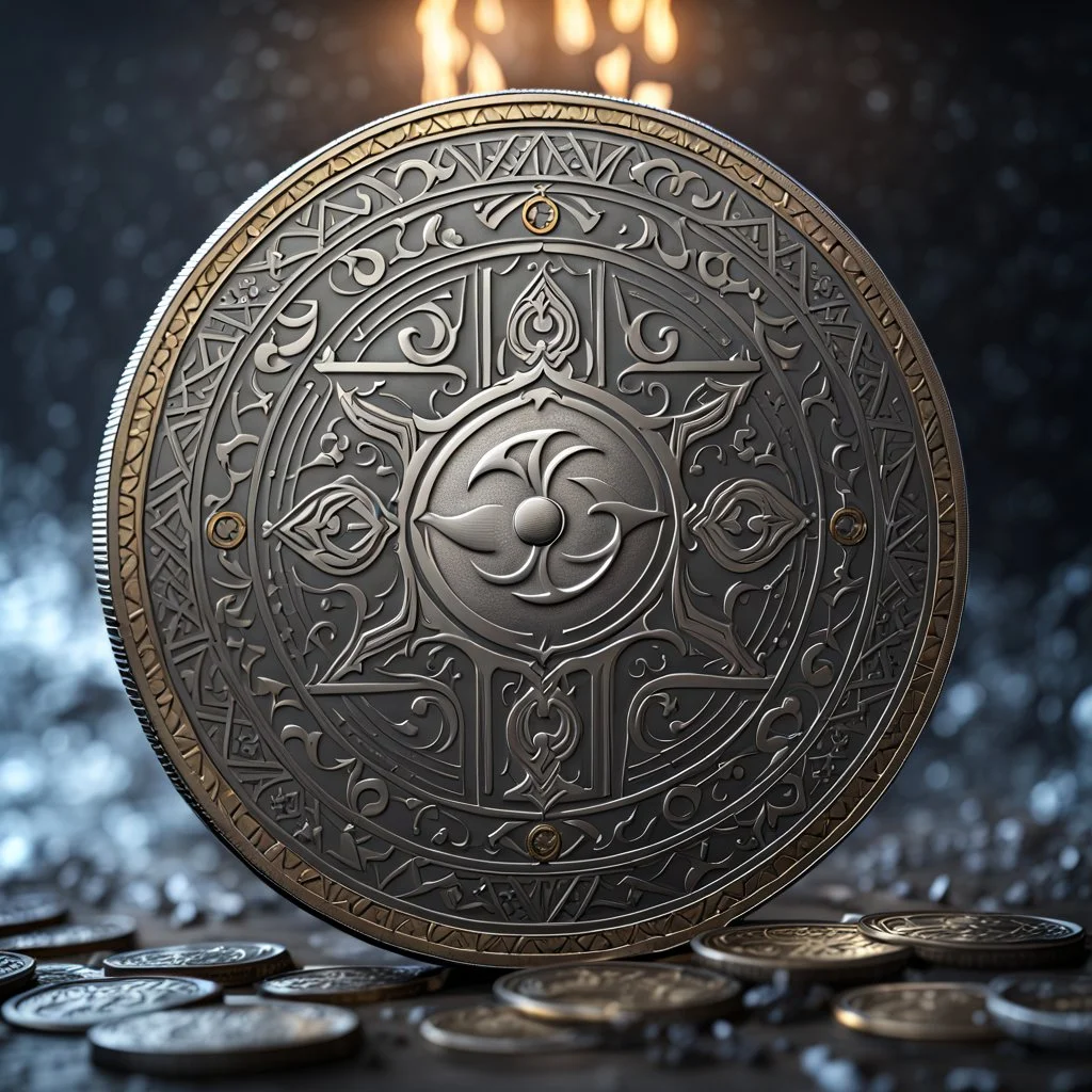 a silver coin called a moon standing on edge. a silver moon in the middle. ancient viking runes. flat coin. show one whole coin front on at a distance. fantasy concept art, exquisite realism, a masterpiece, dynamic lighting, hyper detailed, intricately detailed, deep color, Unreal Engine, volumetric lighting , Epic cinematic brilliant stunning intricate meticulously detailed dramatic atmospheric maximal,