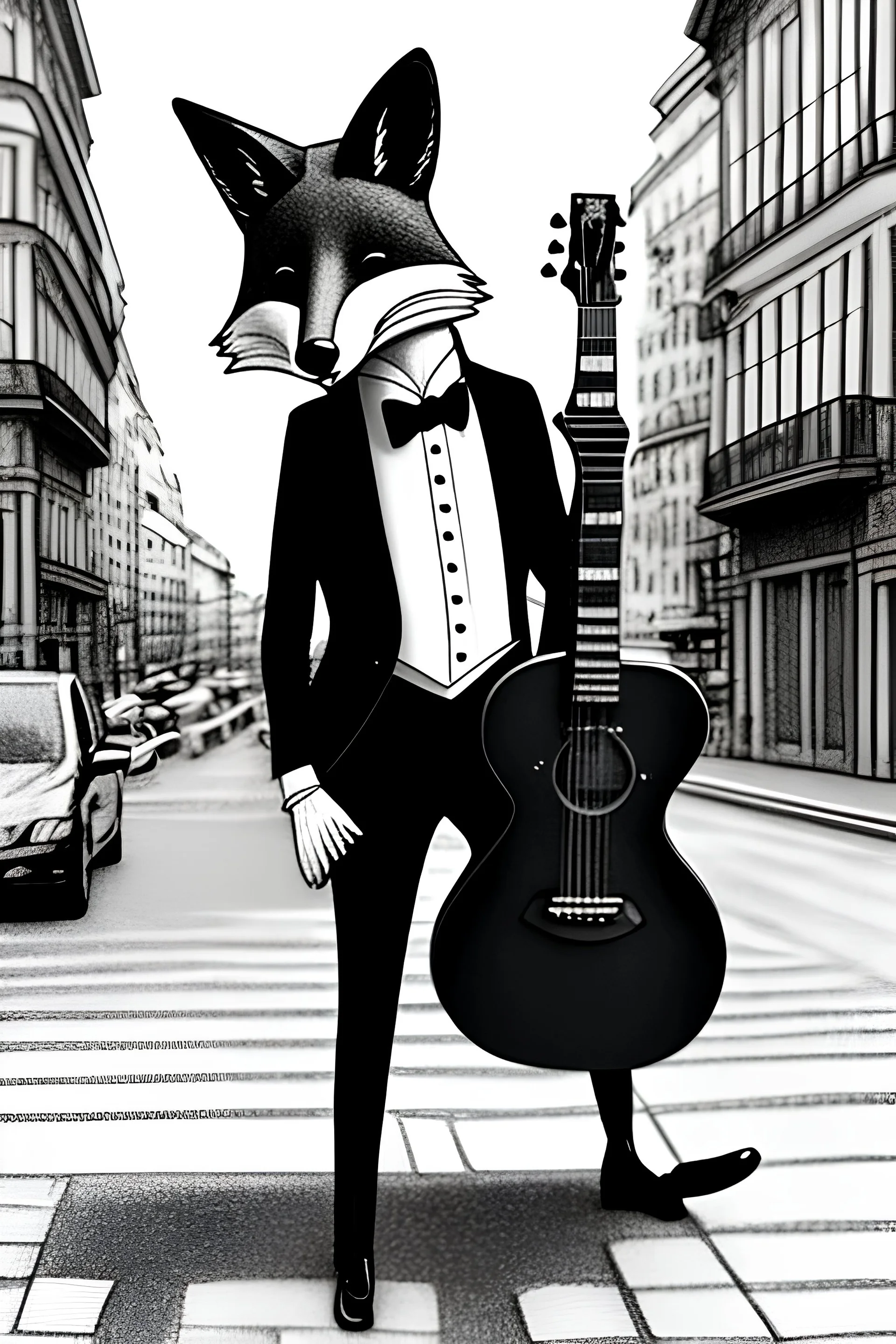 One single mature fox wearing tuxedo, playing guitar in the street , Vienna, mourning, model style, hyper realistic, extremely accurate, delicate, extremely detailed, Graphic novel style, wide-angle, open aperture, superfine pencil