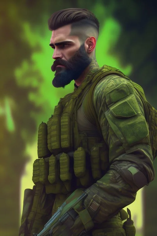 photorealistic male bearded handsome soldier, hyperdetailed painting, luminism, Bar lighting, complex, od green miltary, 4k resolution concept art, Artgerm, WLOP, Alphonse Mucha, 3d render, octane render, intricately detailed, cinematic, awesome full color, hand drawn, dark, gritty, cinematic, buckeye burl