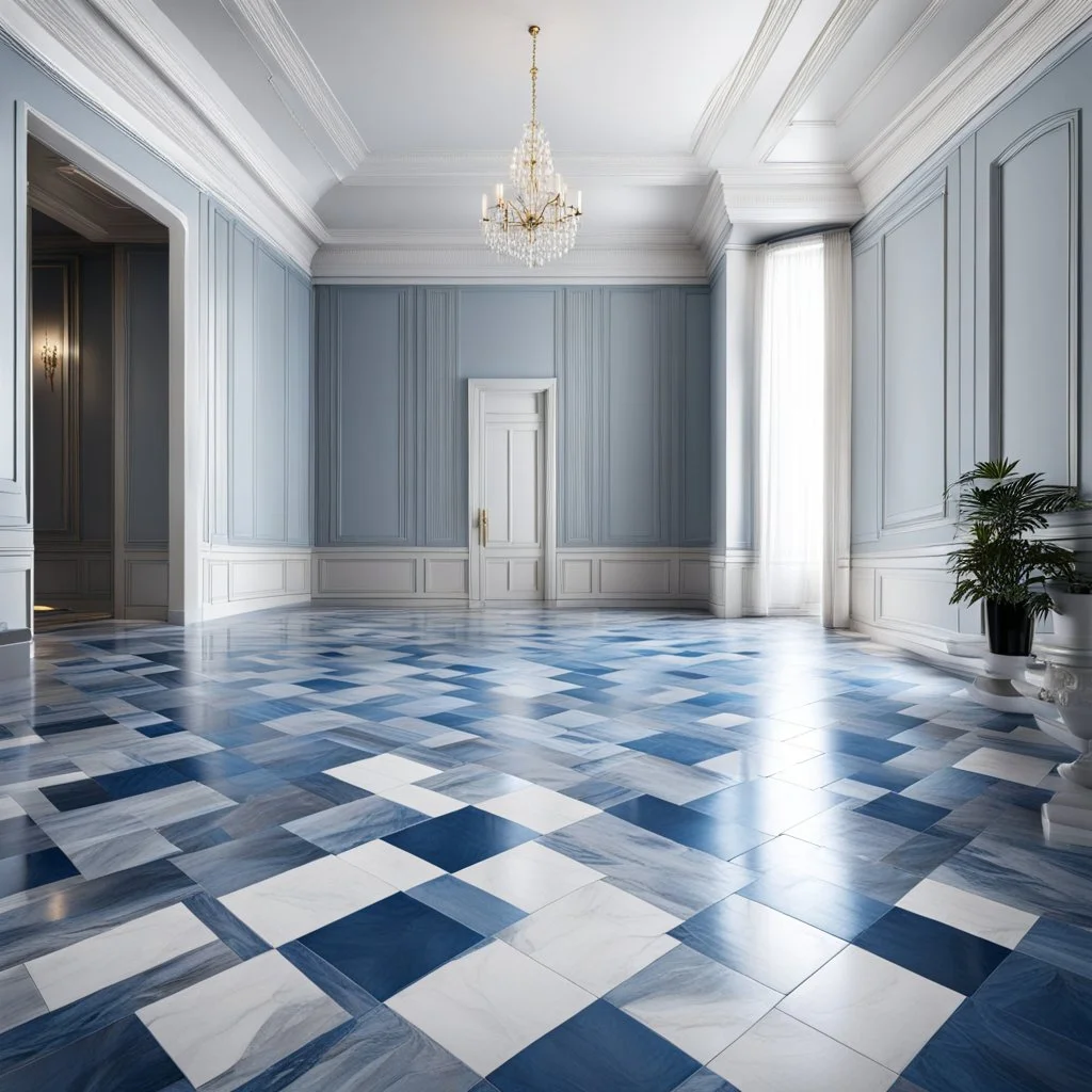 luxury hall ,tiled blue and gray large floor,