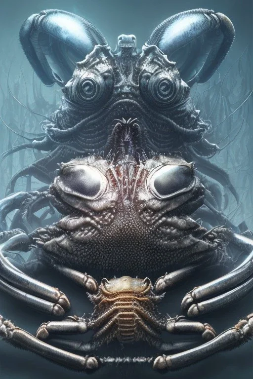 evil crabs with crown, alien, brutal face, tron, head, burn eyes, 8k, finely detailed, dark light, photo realistic, hr giger, cyberpunk