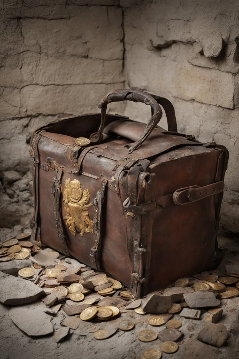 in the BASEMENT there is an old, broken brown oblong leather chest with short handles, from which gold coins from the time of Catherine the Great fall out. The ancient coat of arms of tsarist Russia, the double-headed eagle, is BARELY VISIBLE on the bag. There are a lot of broken bricks and earth around the bag. All in high quality 8K