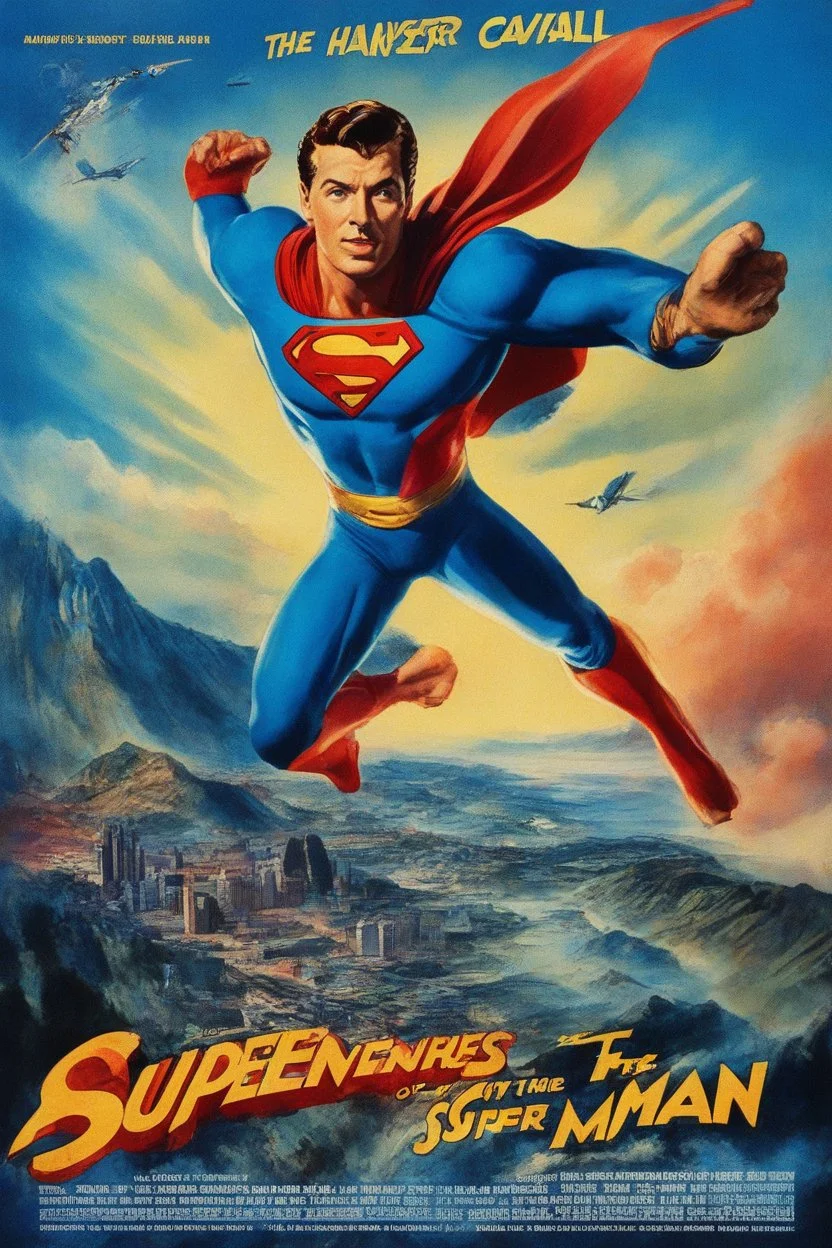 Create a movie poster for the 1939 movie "The Adventures of the Super-man," Starring Hank Cavall, 4k, 8k, 16k, 32k, 100k UHD, Ultra-high resolution, photorealistic, 1080p, 4k, 8k, 16k, 32k, 100k UHD, Ultra-high resolution, photorealistic, 1080p, (matte skin:1.5), (extremely detailed face:1.5), (realistic human hair:1.5), (intelligent eyes:1.5), masterpiece, octane render, (long shot environmental portrait:1.8) photography, (ultra sharp focus:1.6), (ultra deep depth of field:1.5),