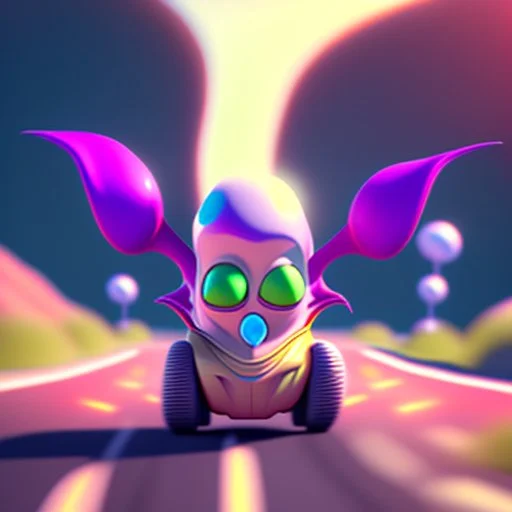 a cartoon alien driving a car down a road, a character portrait by Mike Winkelmann, featured on cgsociety, pop surrealism, rendered in cinema4d, daz3d, behance hd