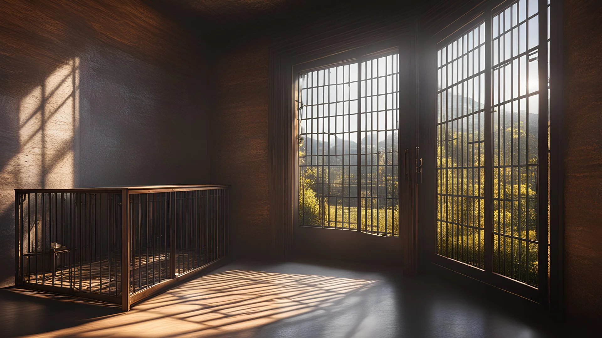 Interior of a dark dismal prison cell with prison furniture, looking out through an open cell door and open bars into gardens and distant hills in bright sunshine and freedom. Exquisite composition, beautiful detailed intricate detailed octane render, 8k artistic photography, photorealistic, perfect light, chiaroscuro, award-winning photograph, masterpiece