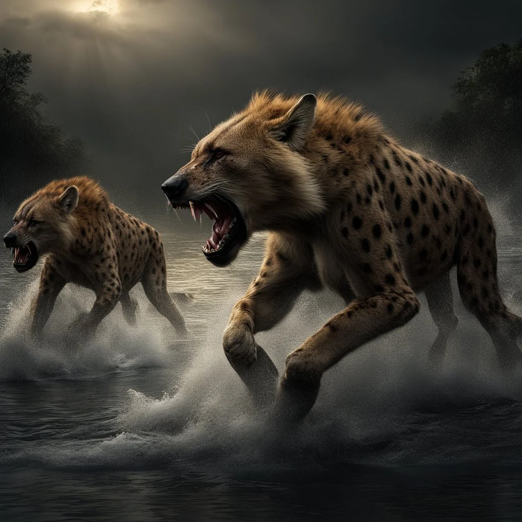 Hyper Realistic Angry-Hyenas Attacking Angry-Lions on with river-water flow, big-stones at dark-Rainy-night showing dramatic & cinematic ambiance