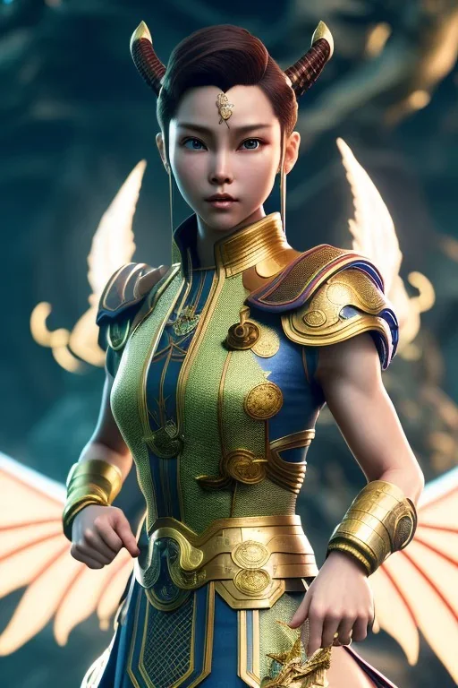 Chun-Li with short hair and dragons wings wearing only dragon scales,mythical,fantasy , magnificent, majestic, highly intricate, Realistic photography, incredibly detailed, ultra high resolution, 8k, complex 3d render, cinema 4d.