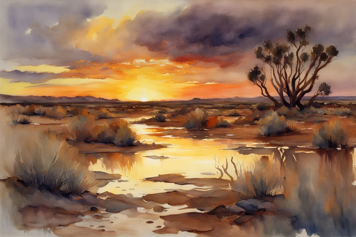 Amazing sunset, rocky arid land, puddle, sci-fi, weeds, fantasy, john singer sargent watercolor paintings