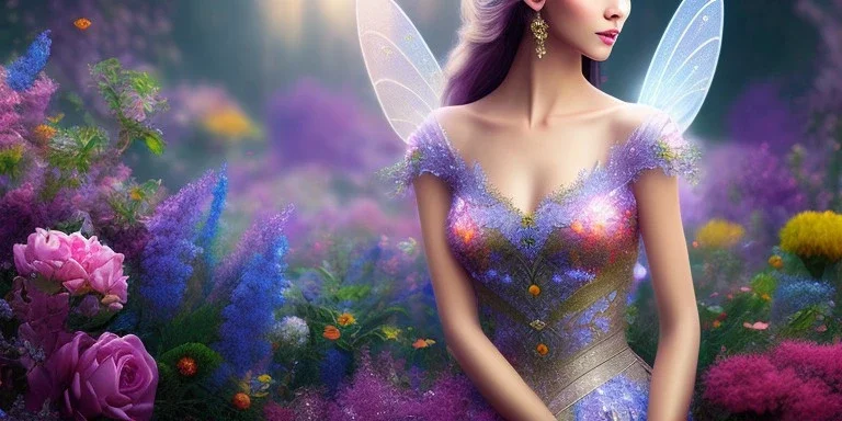 bright fairy, beautiful portrait, flowery landscape